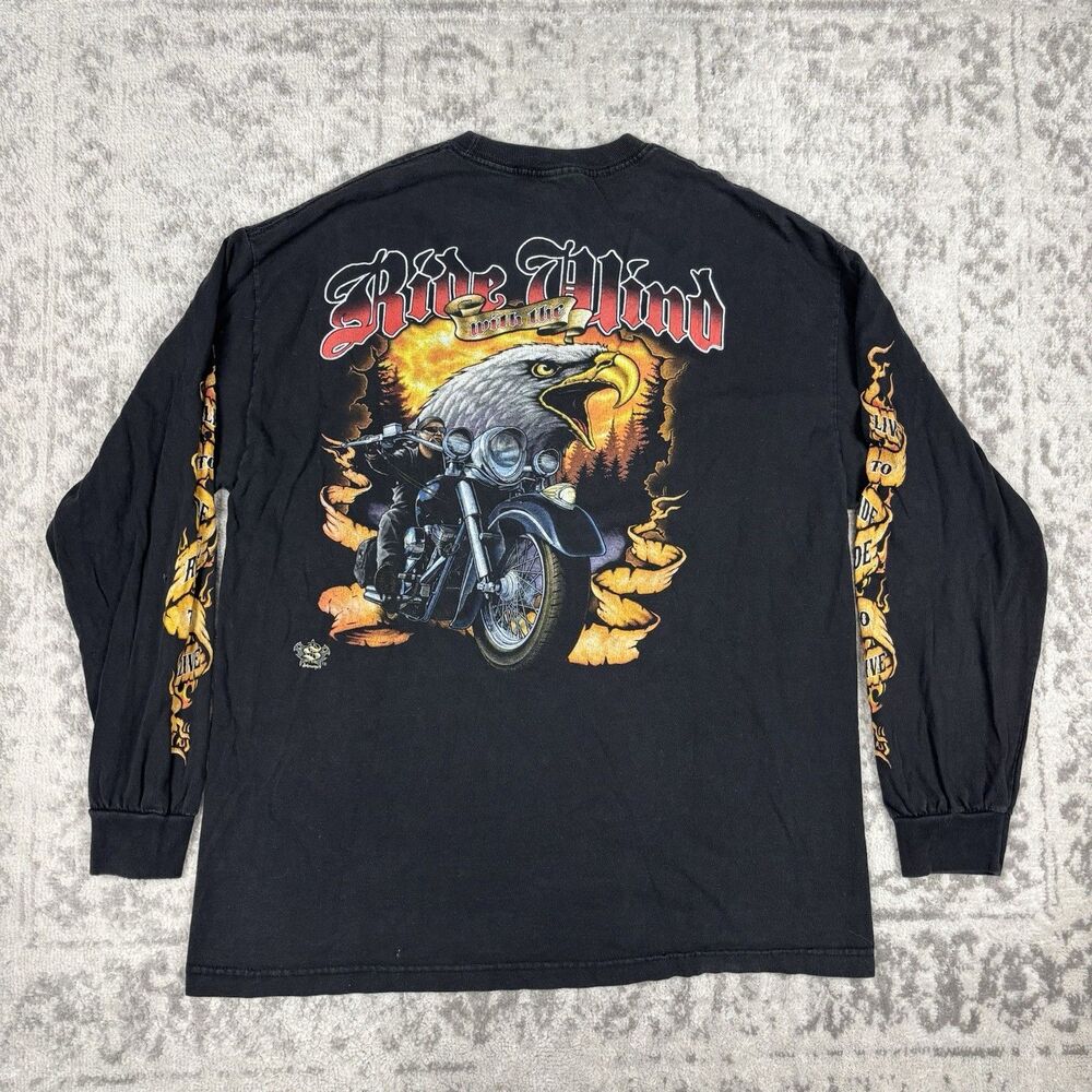 Vintage Y2K 2005 Fire Eagle Flame Long Sleeve Motorcycle Tee Shirt Size Large